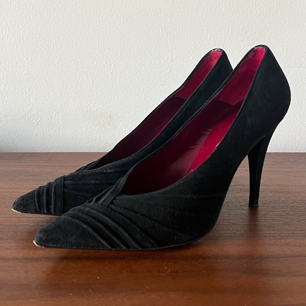 Versani‎ Suede Heels Made Italy Pointed Toe Pumps Black Womens 8.5